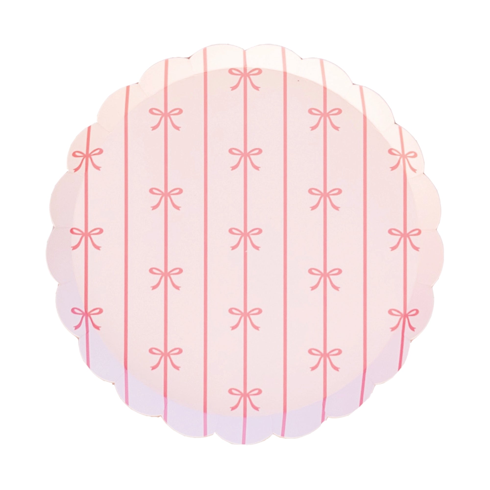Pink dessert plate with bow pattern and scalloped edge