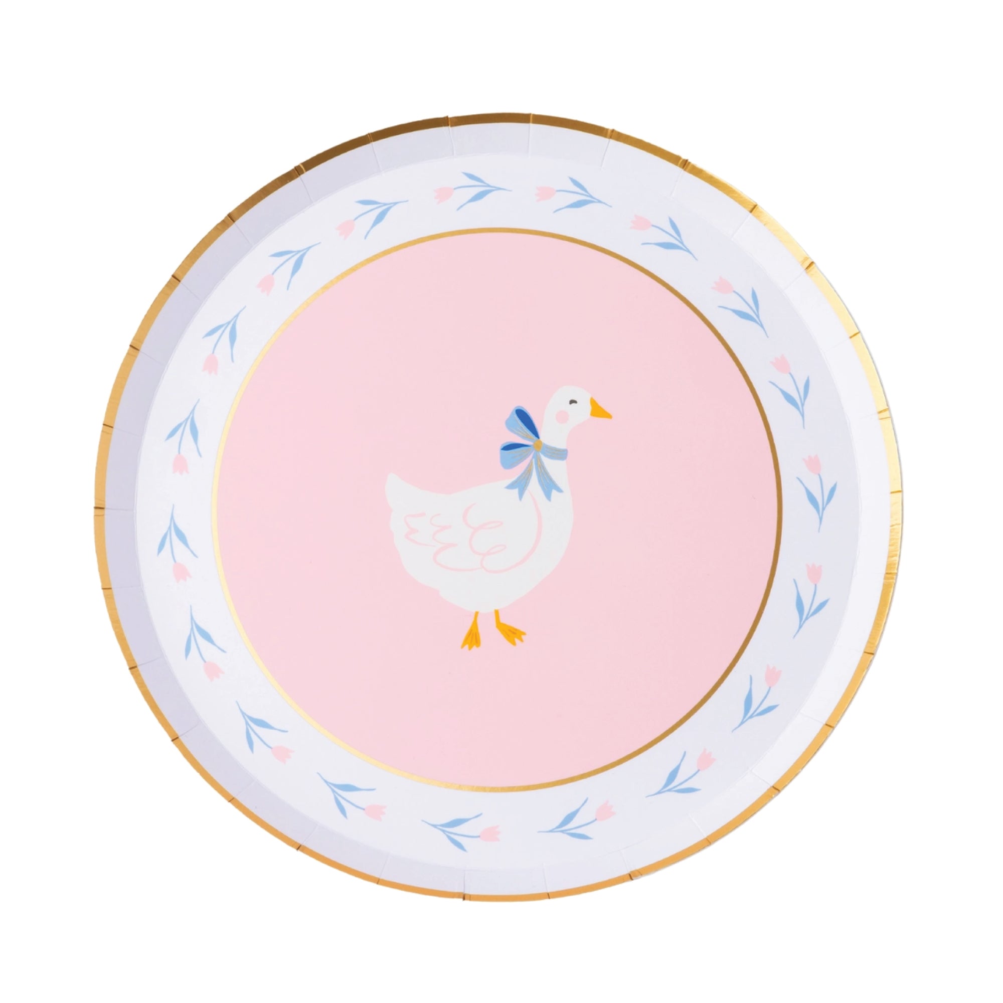Pink dessert plates with sweet goose illustration and gold foil detail