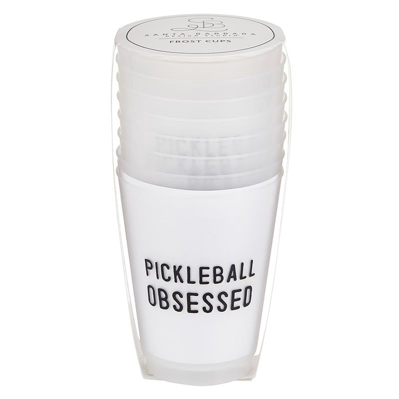 Stacked pickleball obsessed plastic cups in packaging