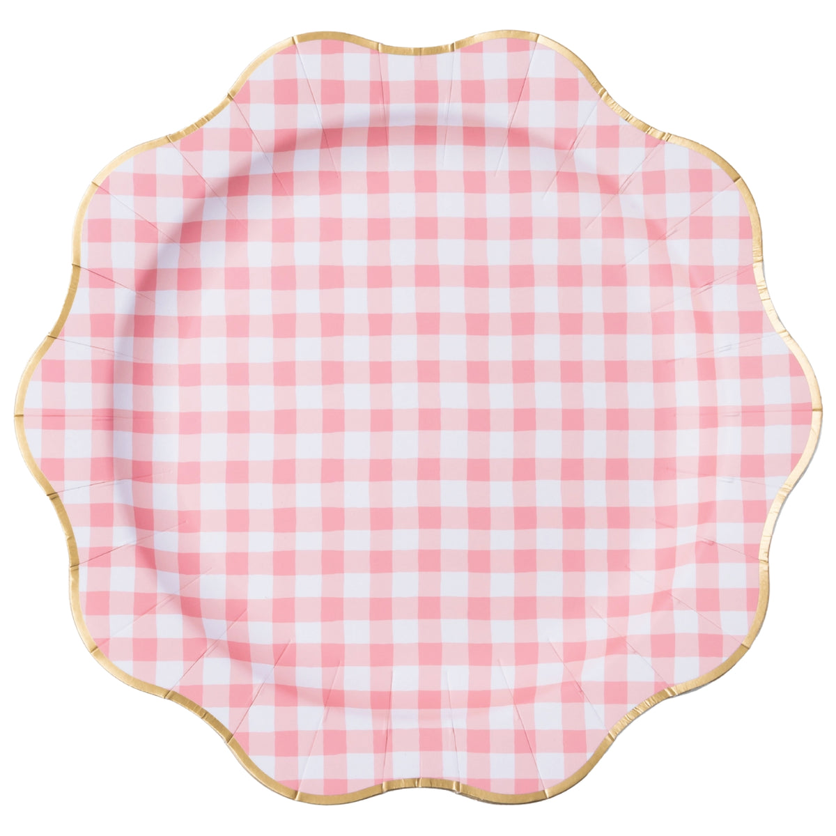 Pink gingham dinner plates with gold foil scalloped edge