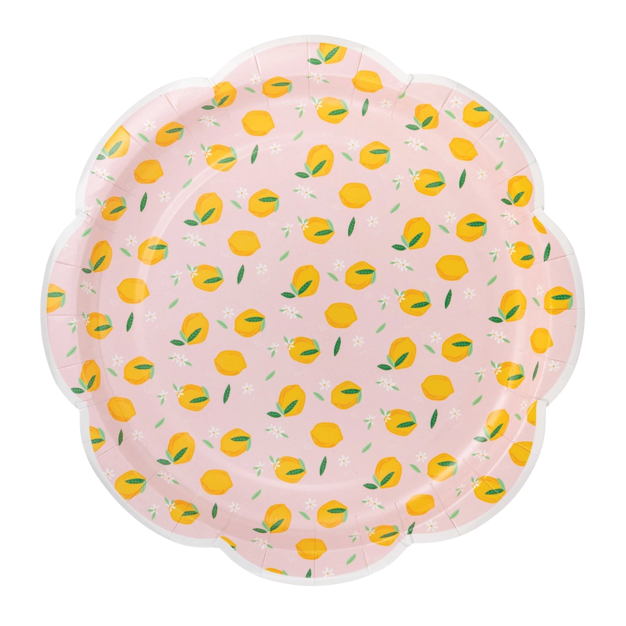 Pink lemon scalloped Dessert plates with yellow citrus pattern