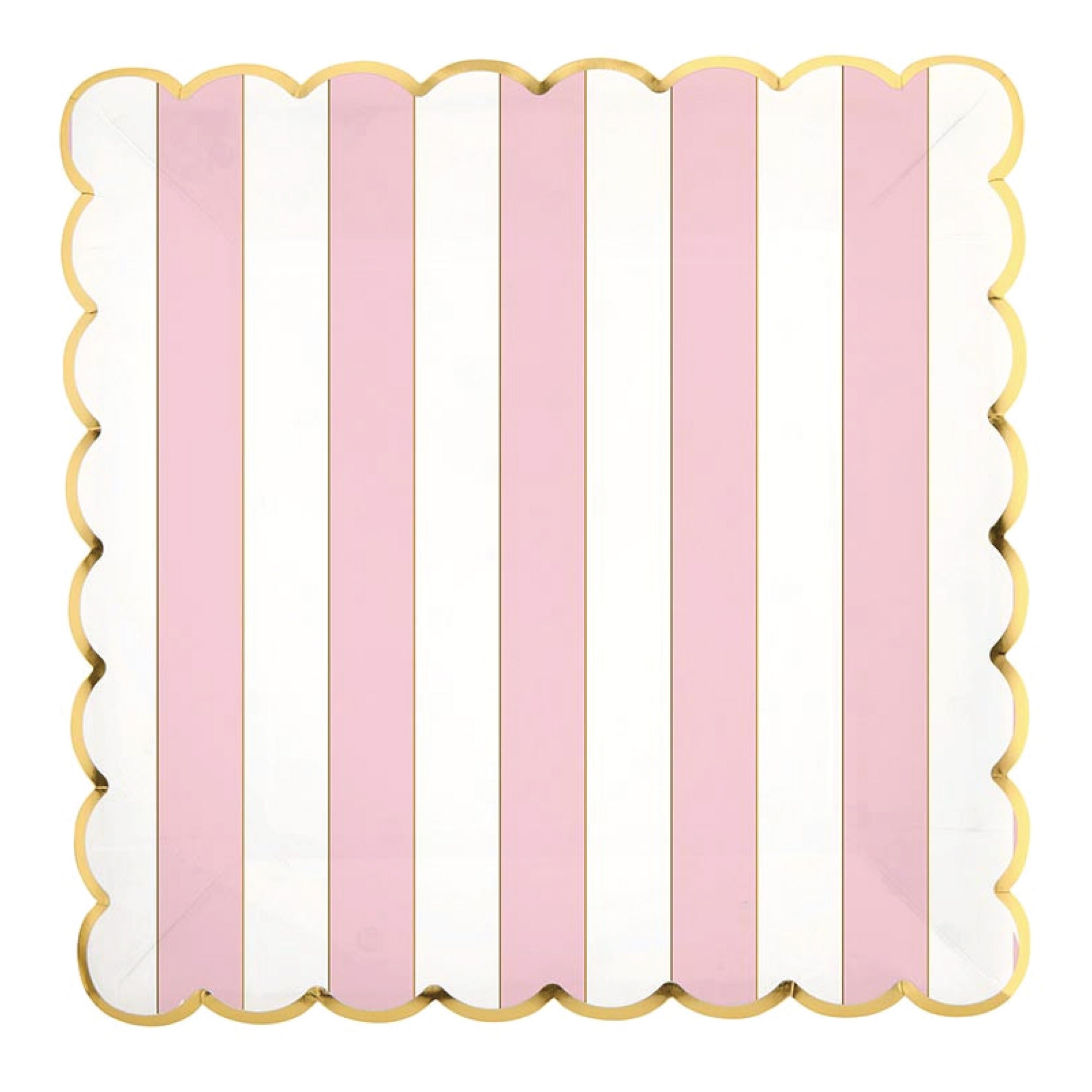 Pink and white striped scalloped lunch plate with gold trim