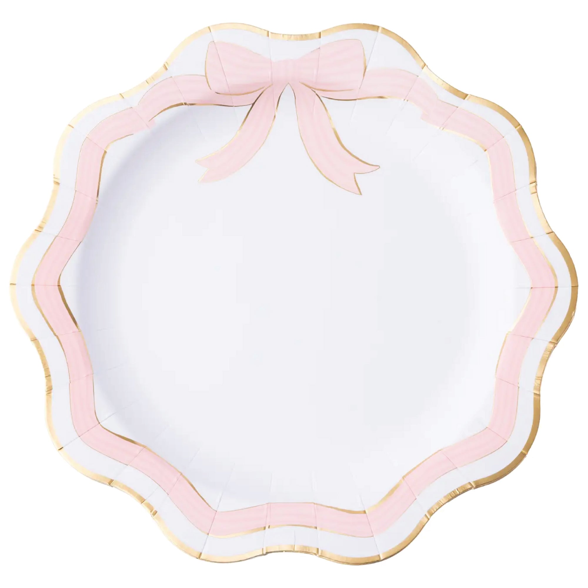 Pink and gold bow scalloped dinner plates with gold foil