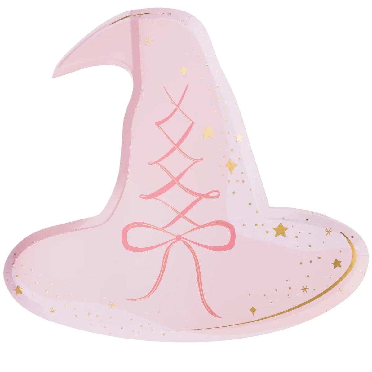 Pink witch hat-shaped plate with lace-up detail and gold foil stars.