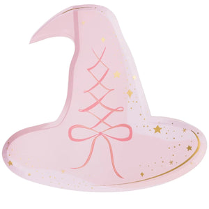 Pink witch hat-shaped plate with lace-up detail and gold foil stars.
