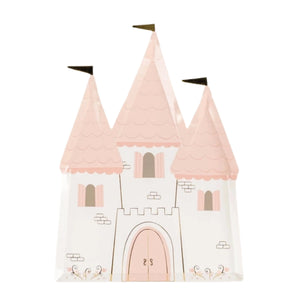 Princess castle shaped dessert plates with pink illustration and gold foil accents
