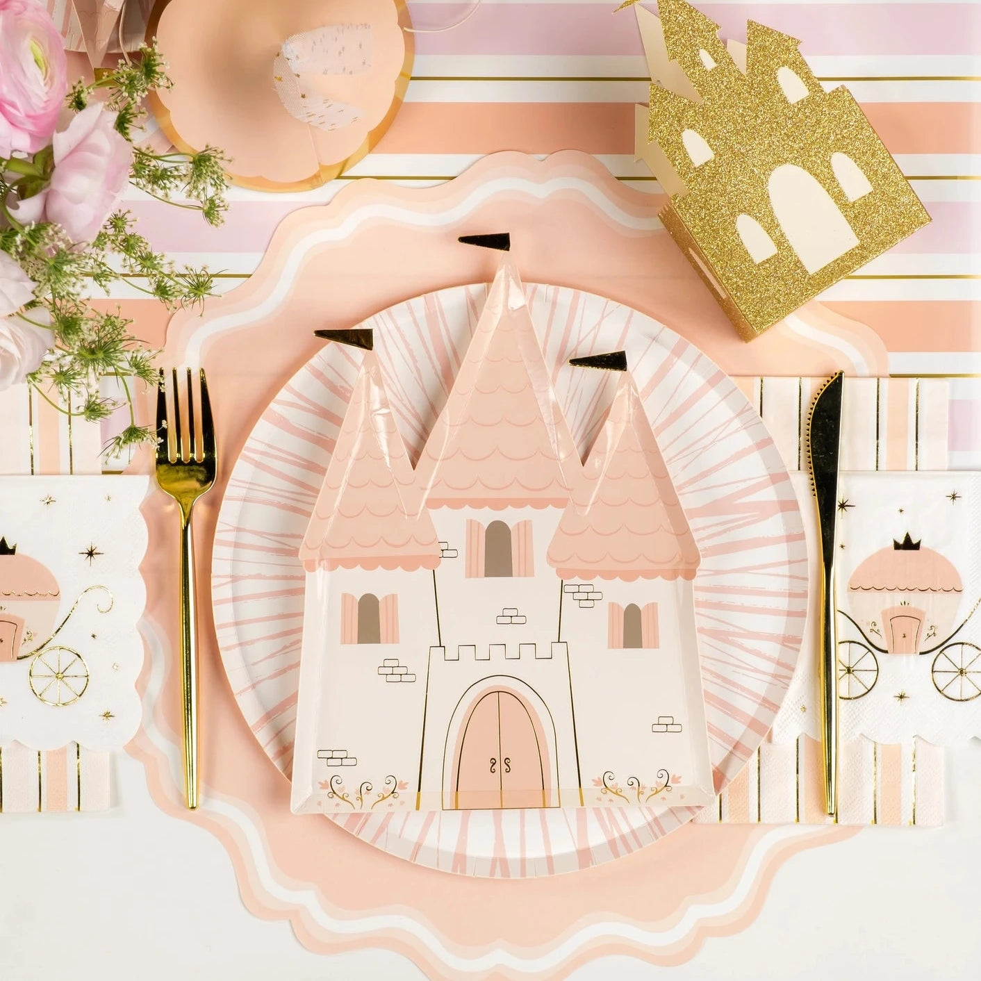 Princess castle shaped dessert plates with pink illustration and gold foil accents