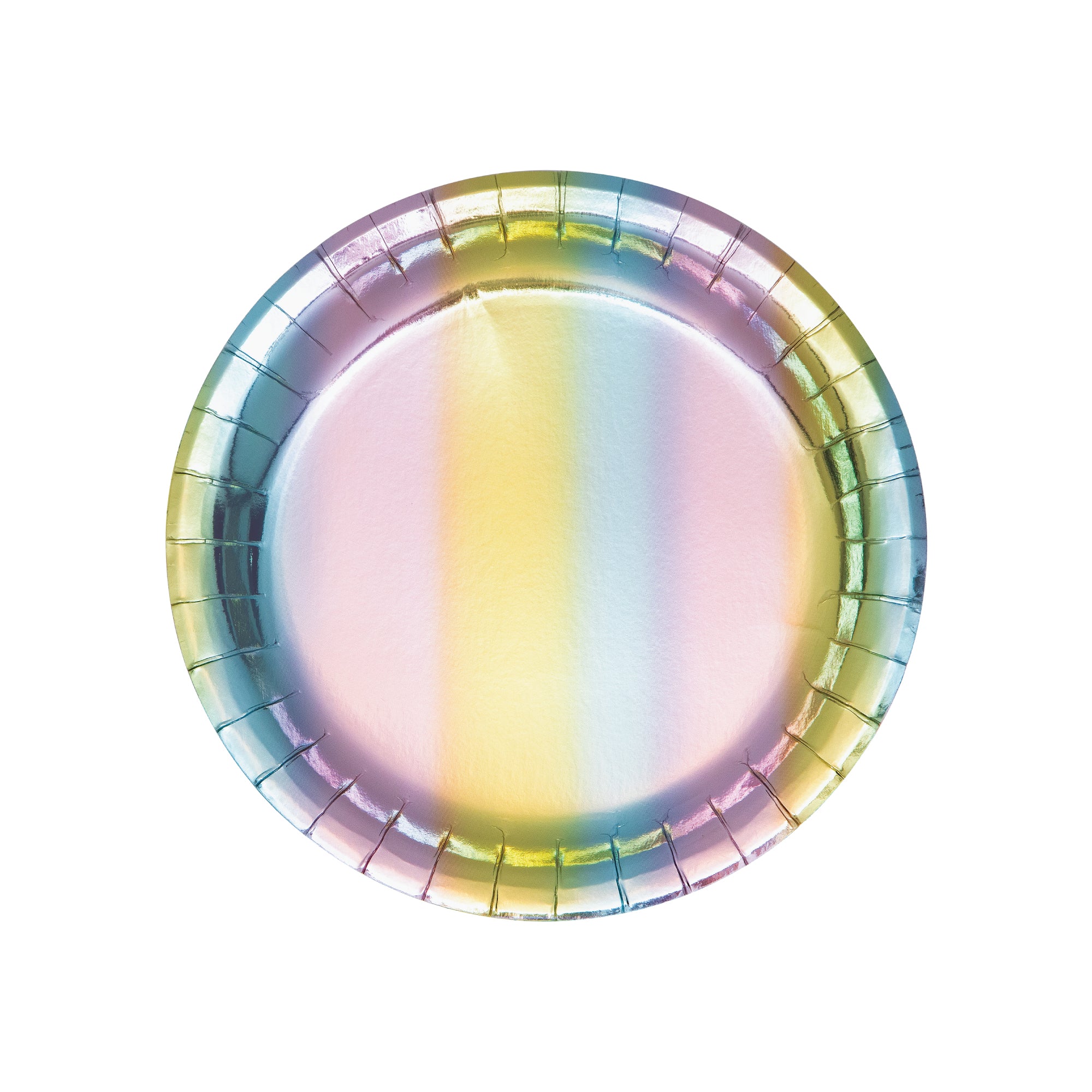 Round rainbow iridescent dessert plate with reflective finish