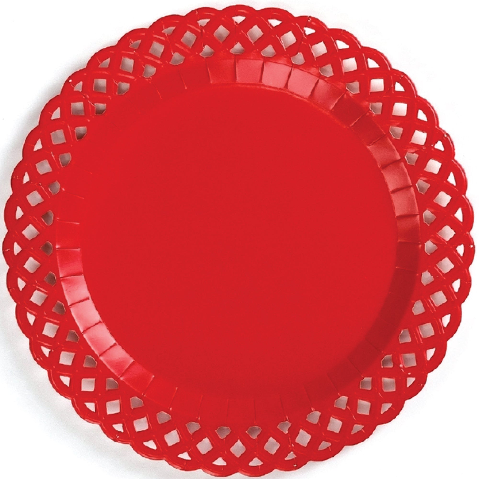 Red paper dinner plate with basketweave cutout edge