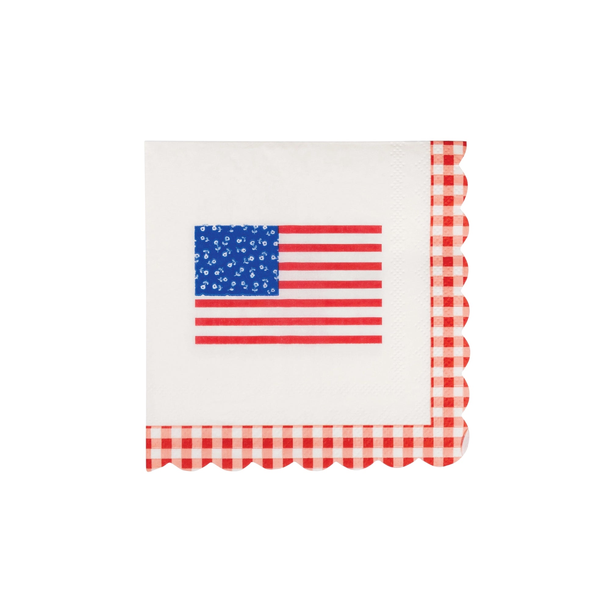 Red gingham scalloped dessert napkin with flag design