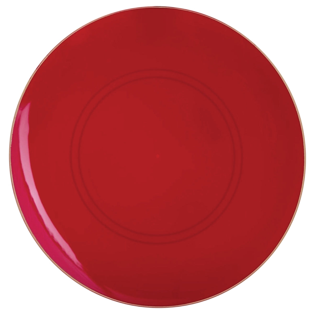 Red plastic dinner plate with gold rim