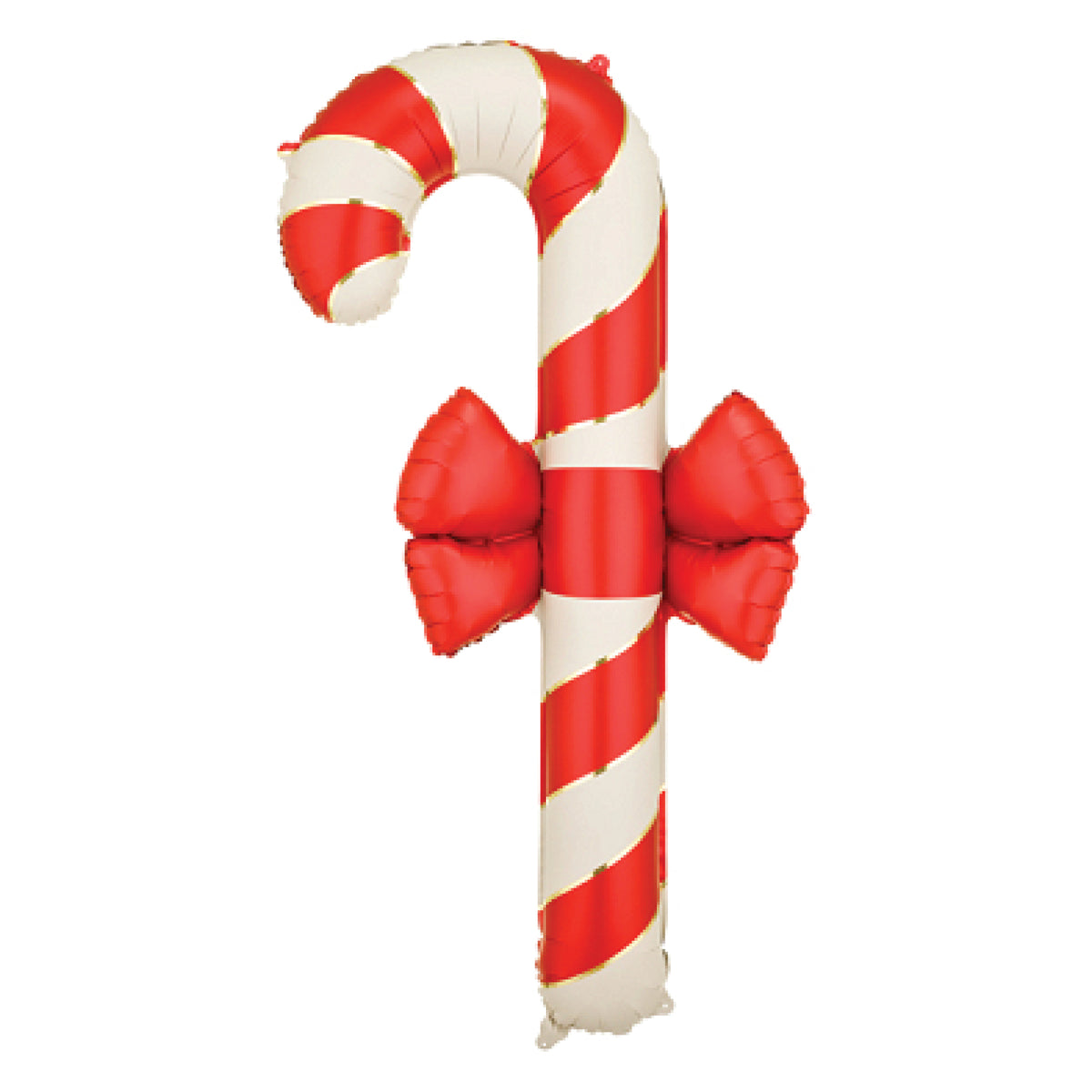 Red & White Striped Candy Cane with Bow Foil Balloon 51in featuring red and white diagonal stripes and a red bow.