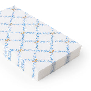 Elegant blue trellis patterned with gold bow guest towels for baby showers