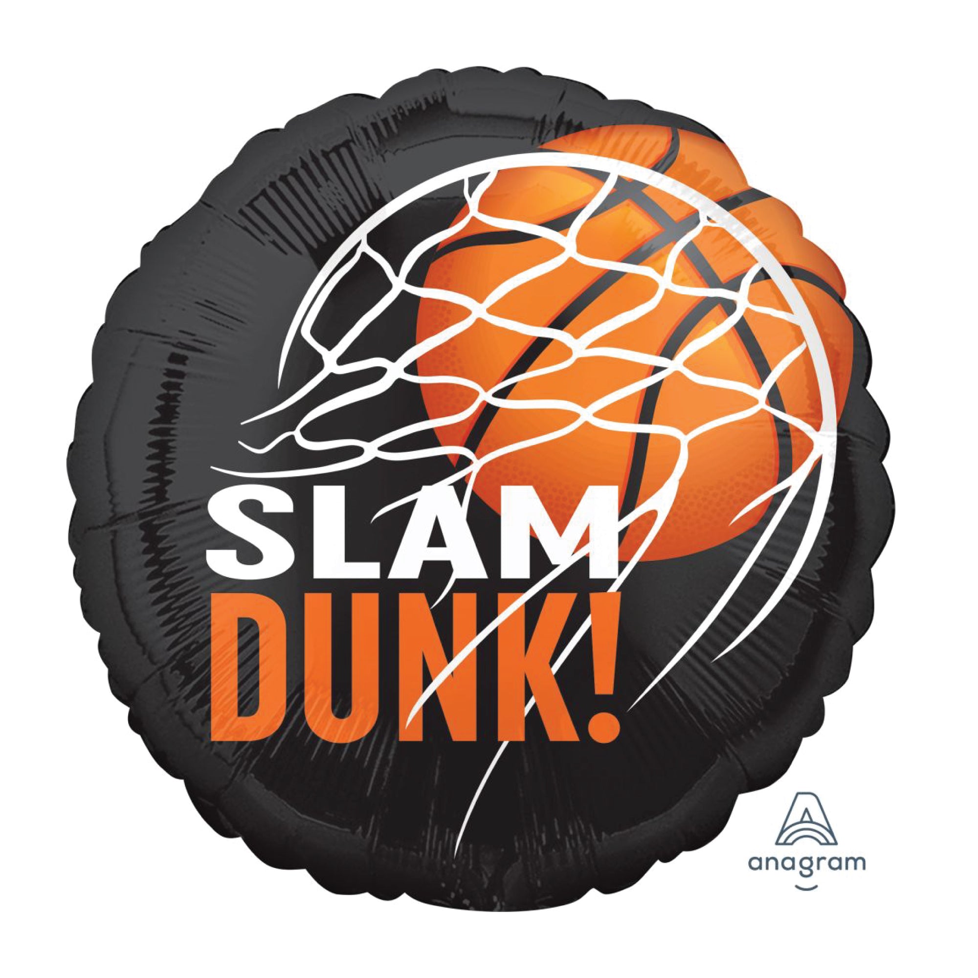 28in round basketball foil balloon with slam dunk text