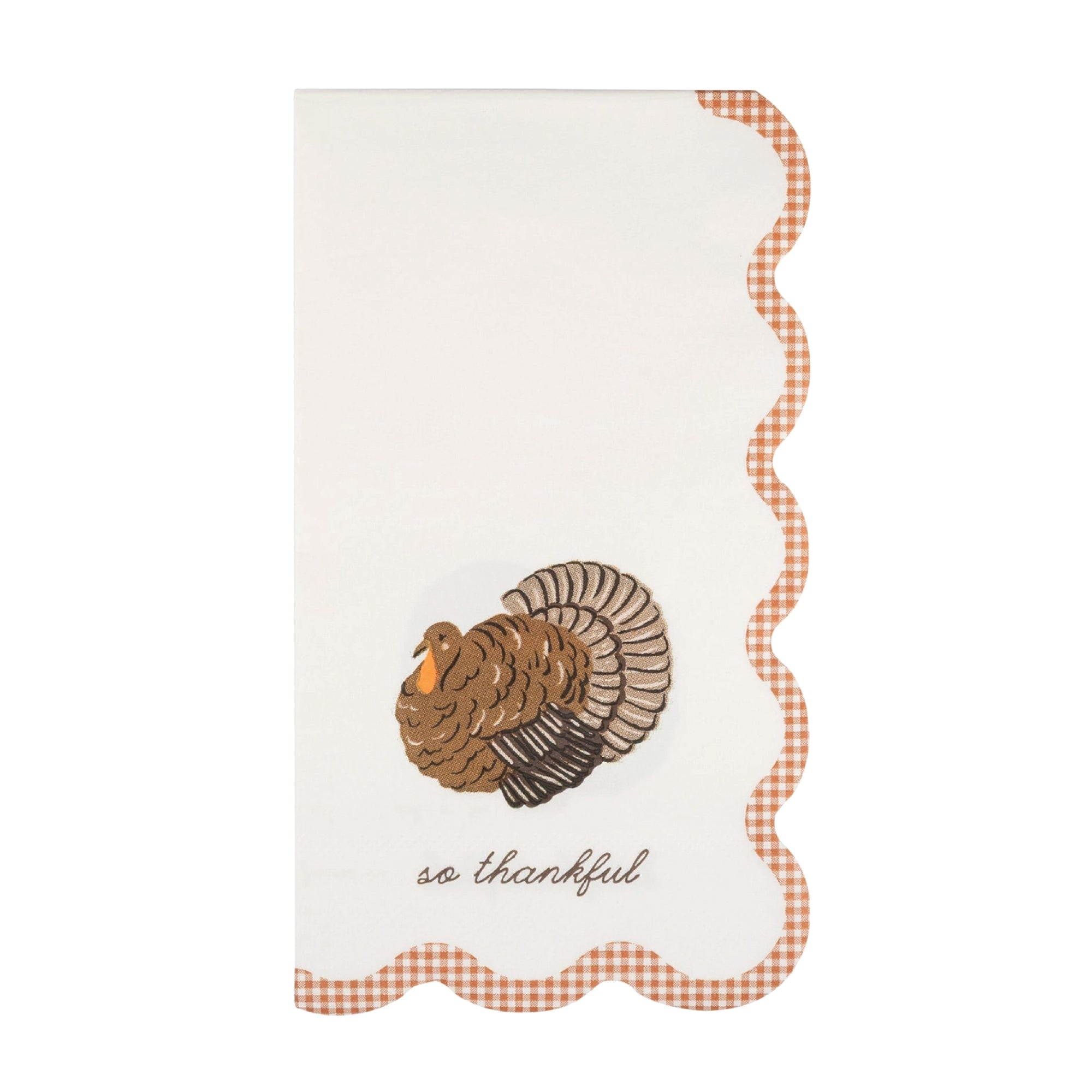 'So Thankful' Turkey Guest Towels with illustrated brown turkey with orange gingham scalloped border