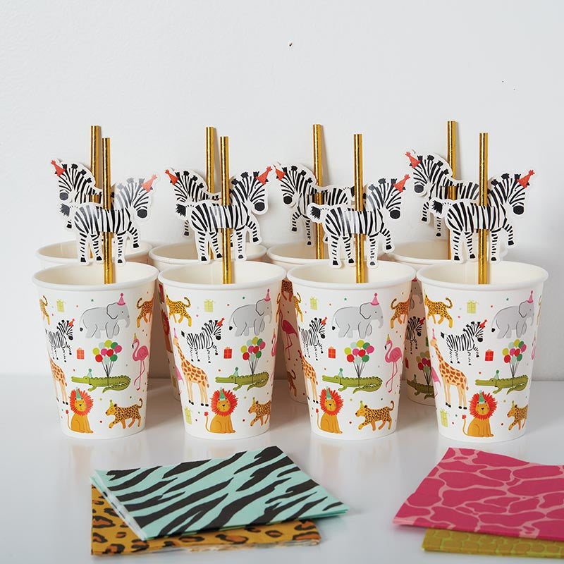 Party animals paper cups with gold straws and zebra attachment