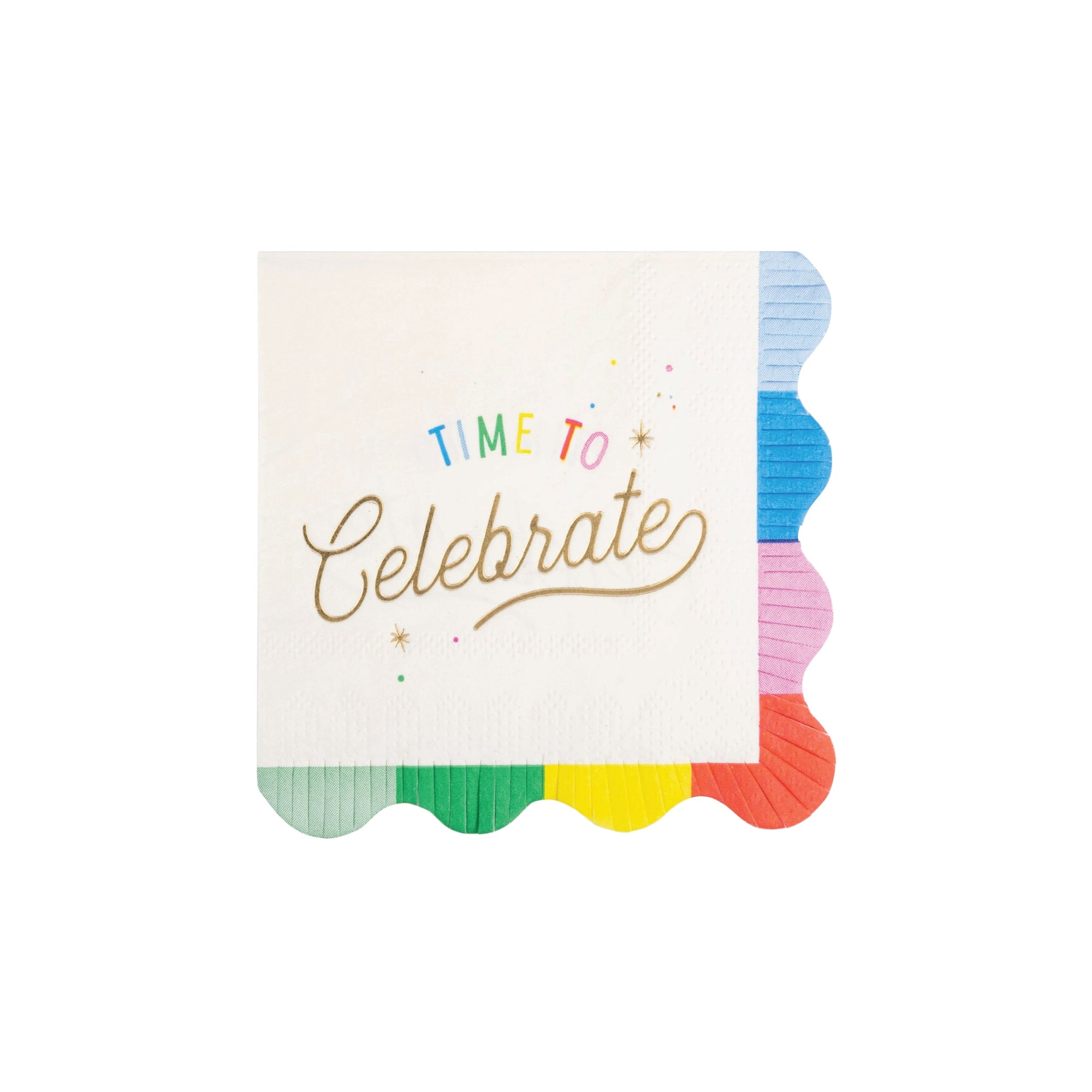 Rainbow scalloped dessert napkin with Time To Celebrate text
