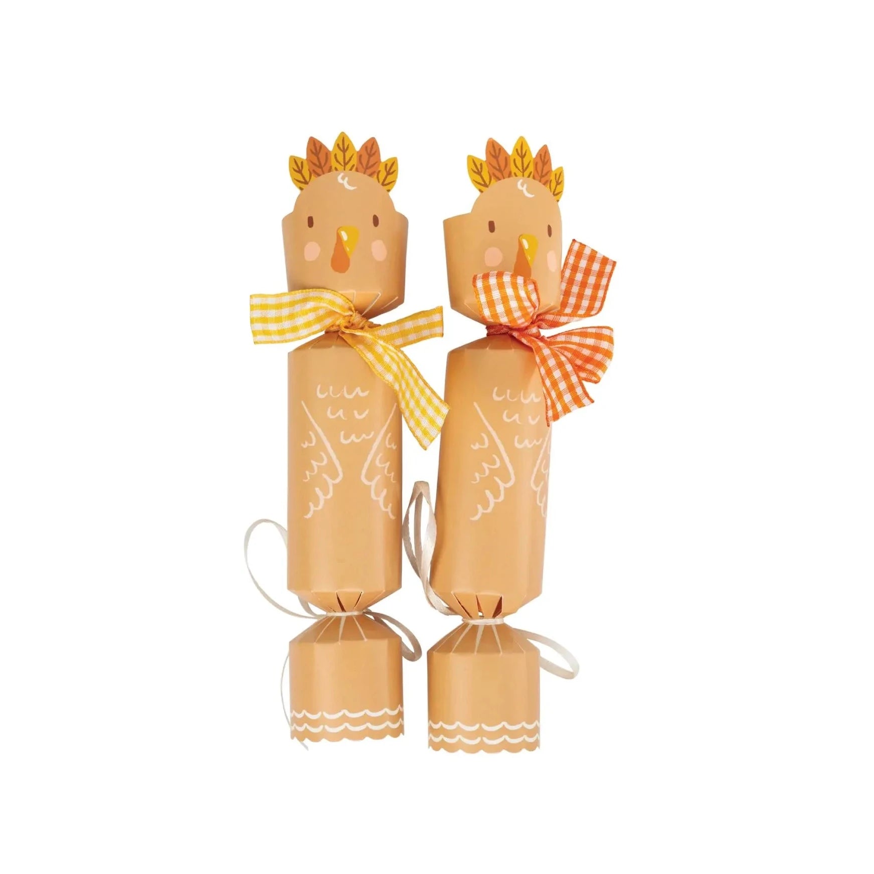 Turkey Party Crackers with yellow and orange gingham ribbon bows