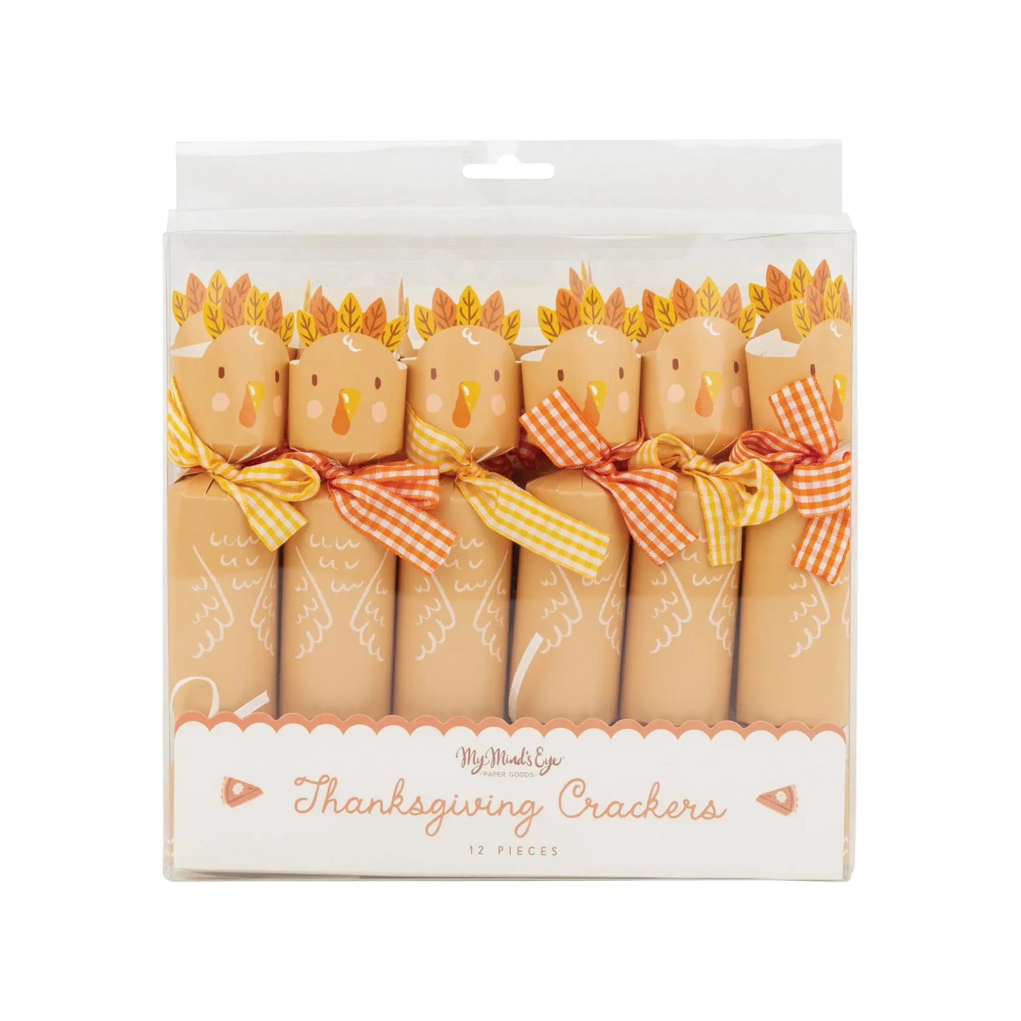 Brown turkey-shaped party crackers with colorful fall leaf details