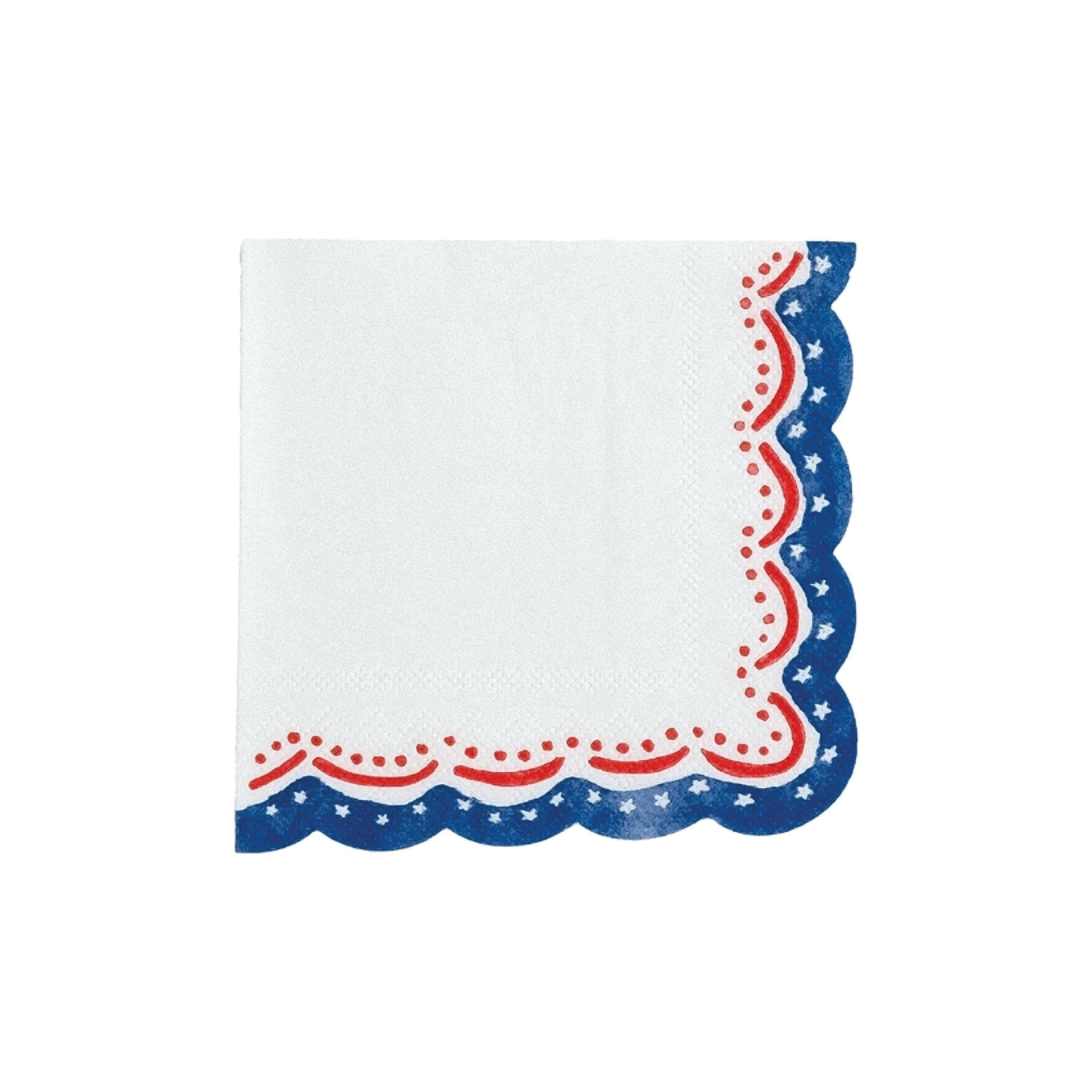 White dessert napkins with red and blue scalloped border