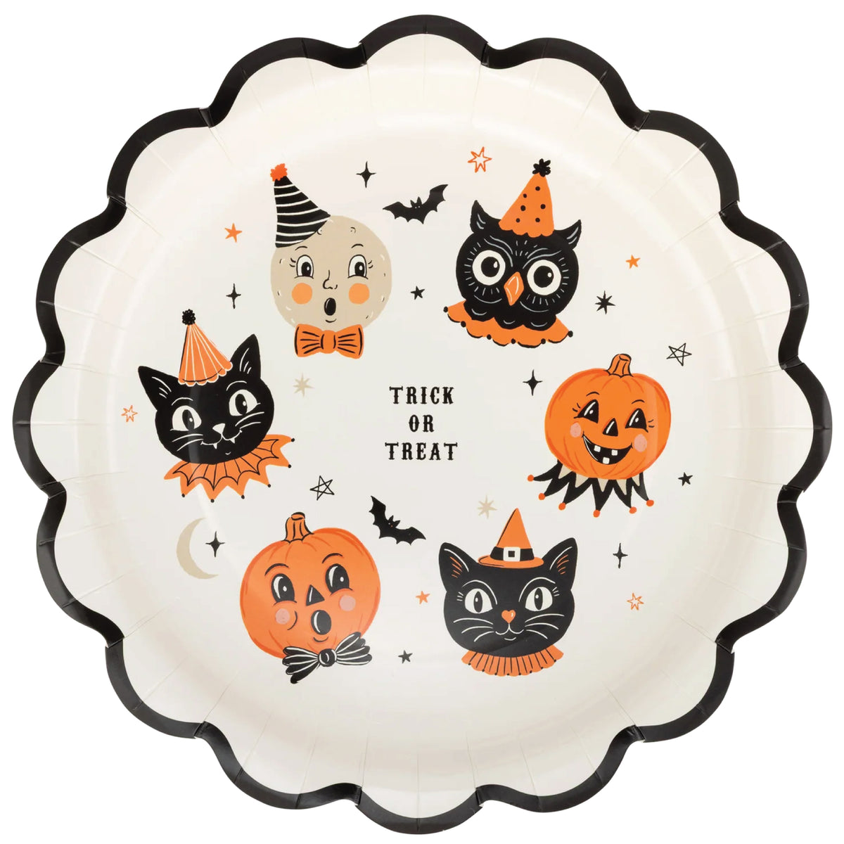 Vintage Halloween Character Lunch Plates with retro Halloween illustrations