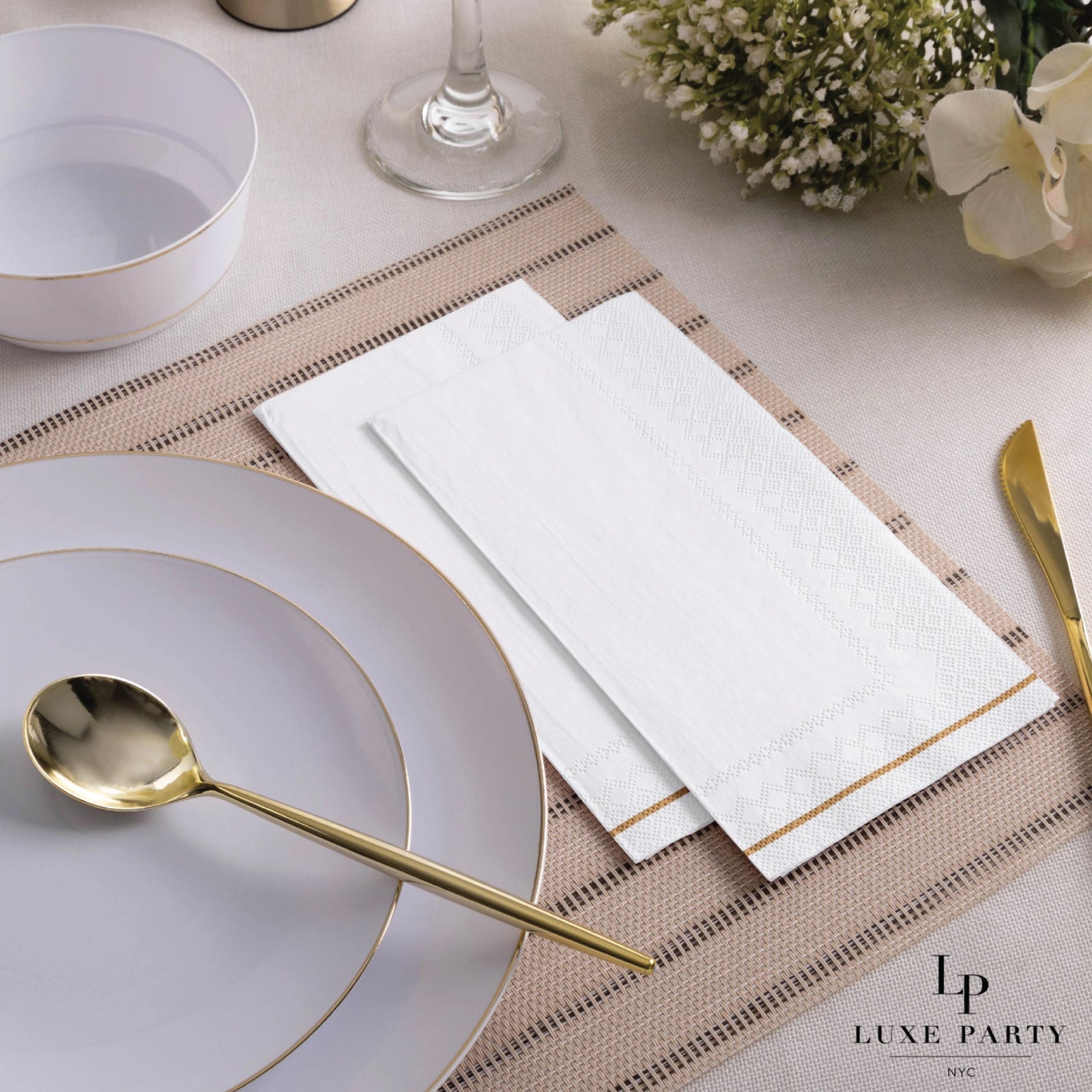 White with Gold Stripe Guest Towels 16ct | The Party Darling
