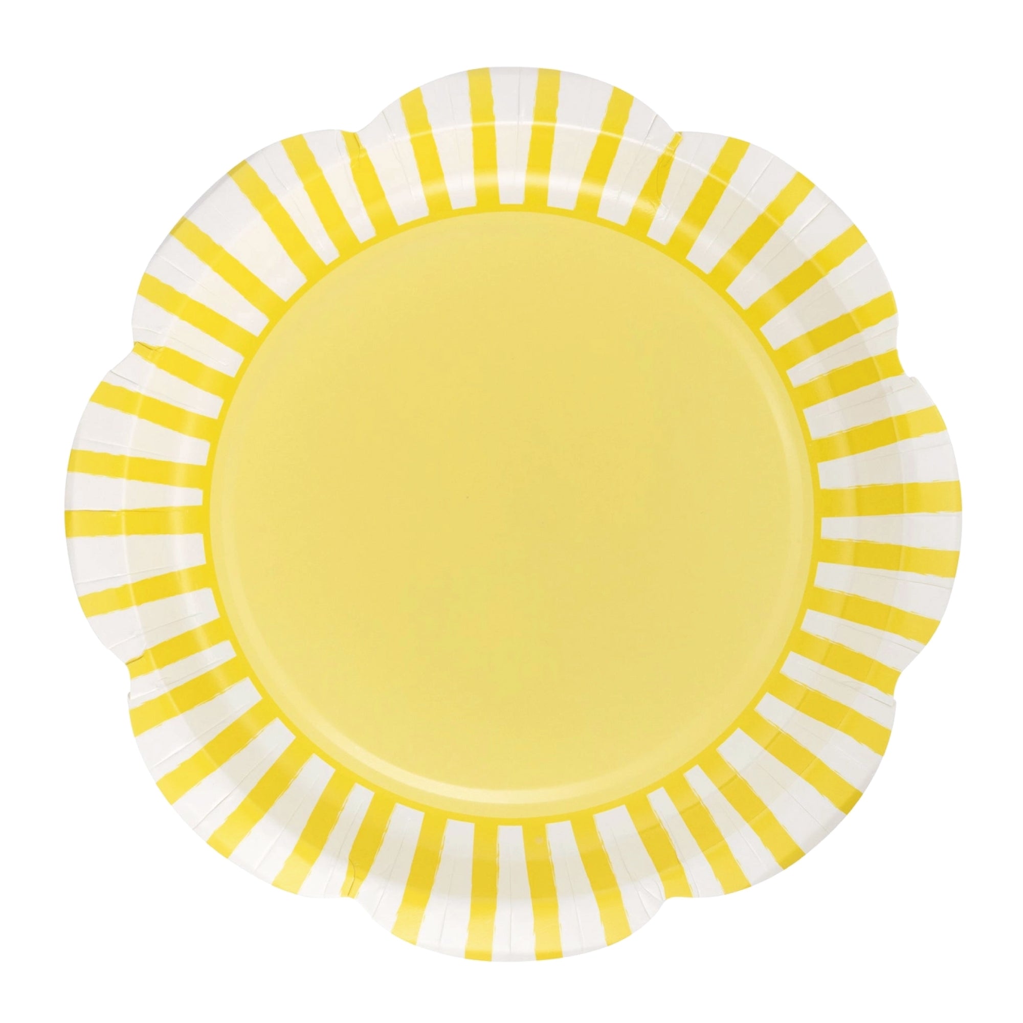 Yellow striped paper plates with scalloped edge
