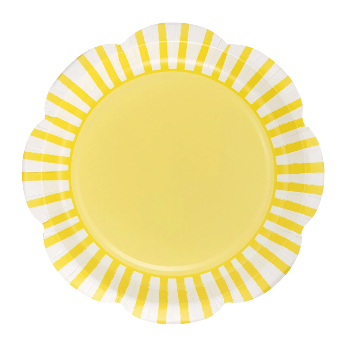 Yellow striped paper plates with scalloped edge