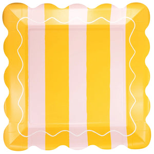 Yellow and pink striped scalloped dinner plates