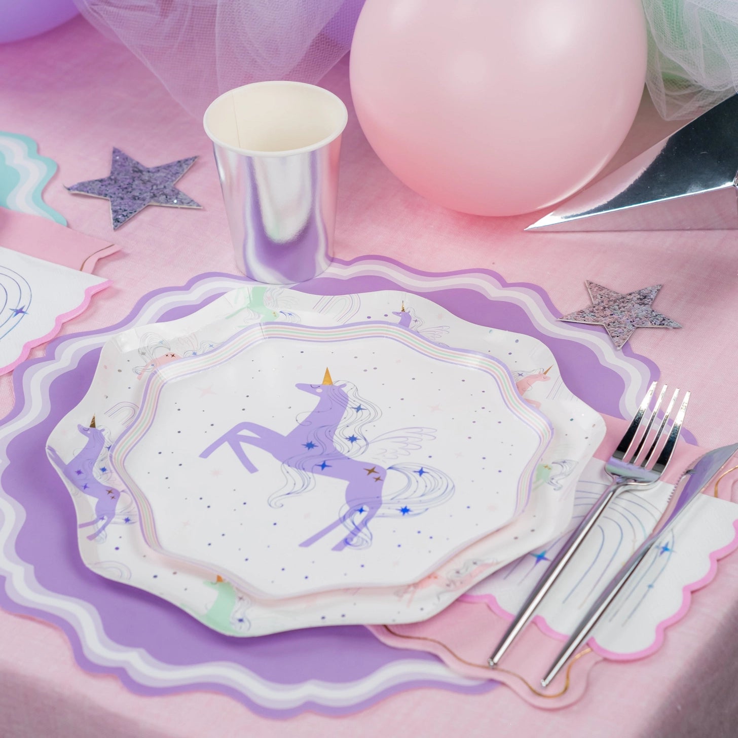 Unicorn-themed table setting