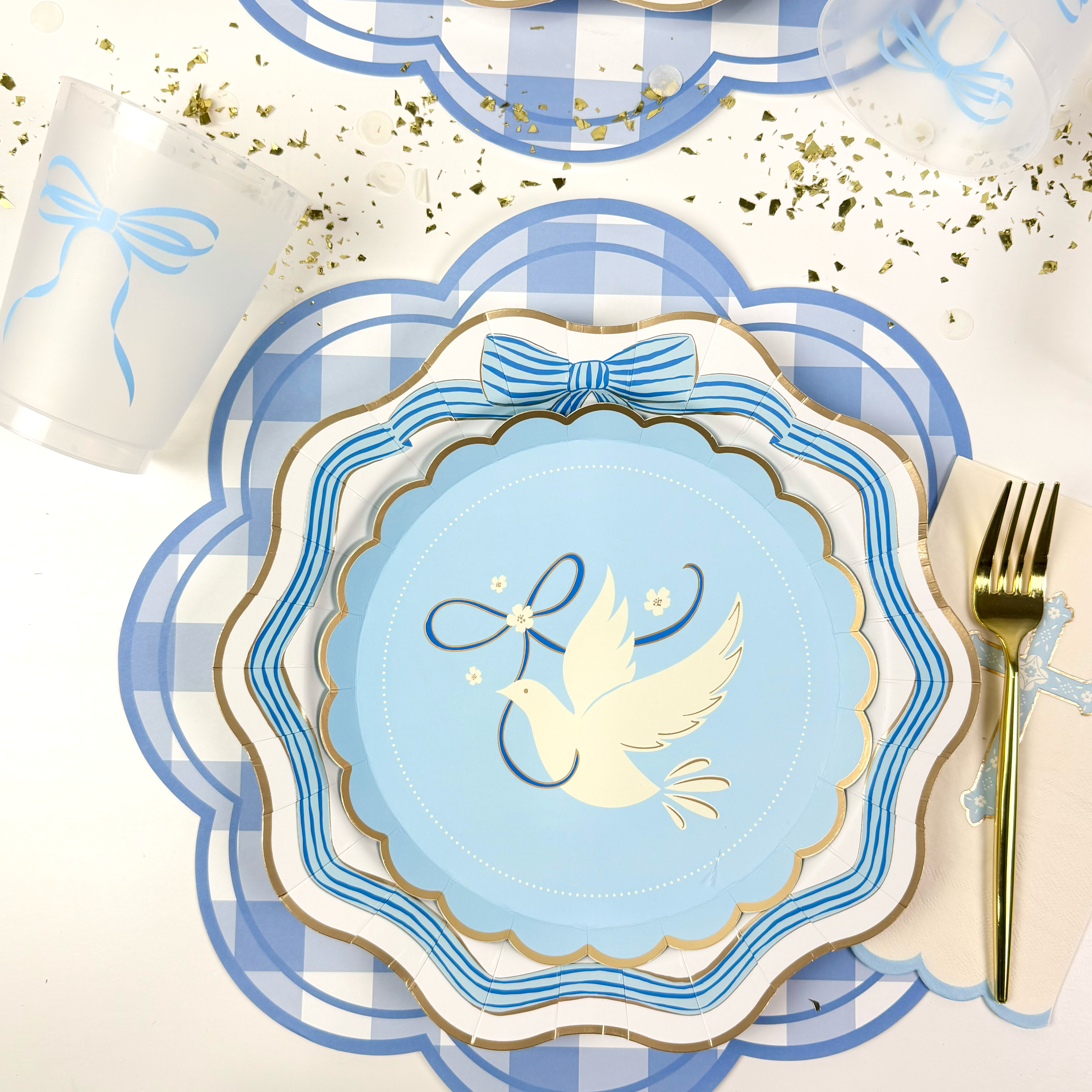 Frosted bow cup and blue dove plates for a baptism celebration