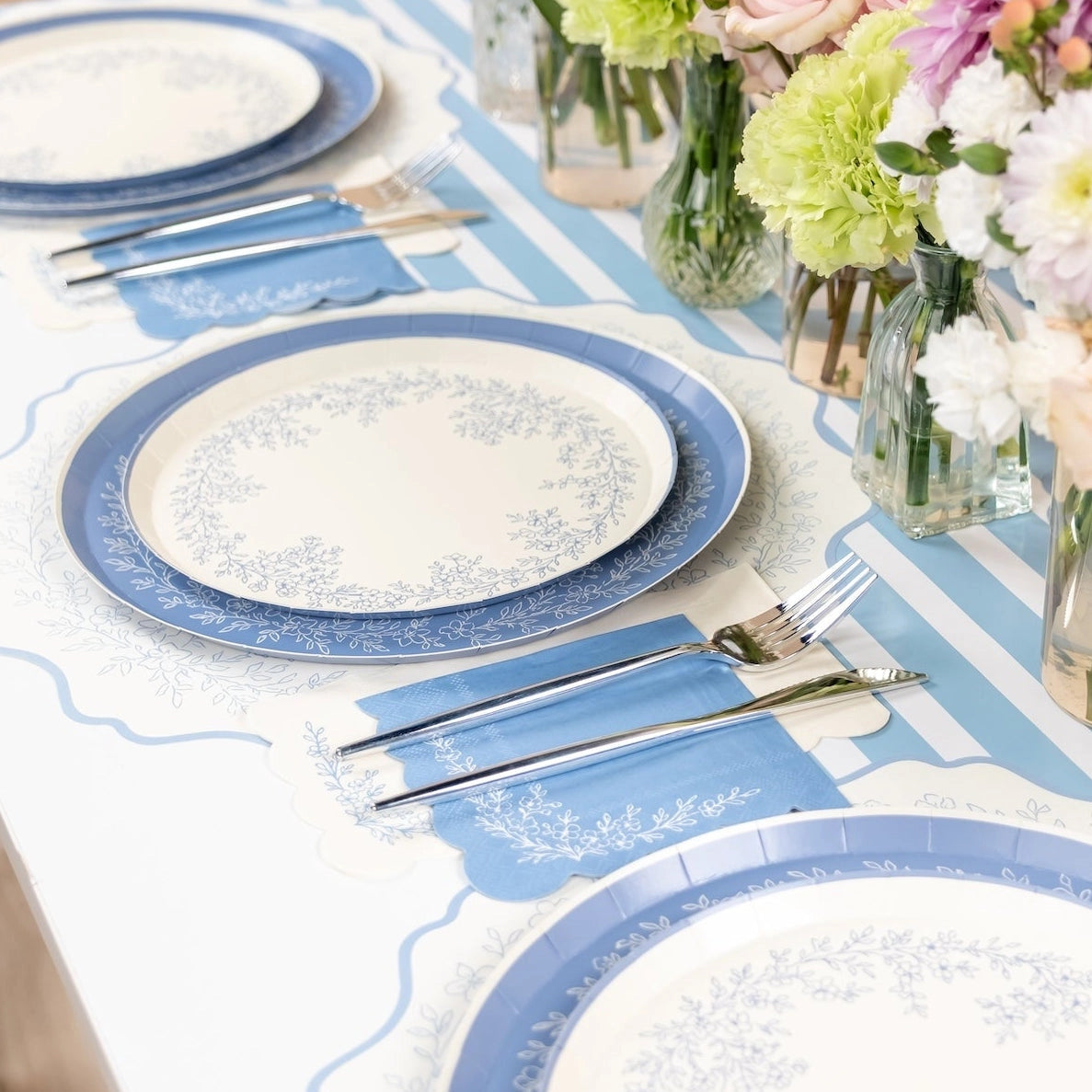 Dusty blue striped table runner for party tables