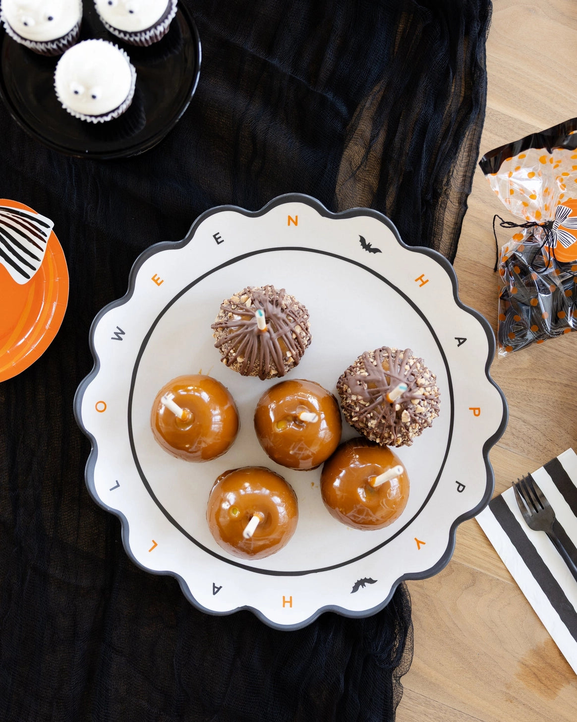 Reusable scalloped bamboo tray for serving Halloween desserts and party treats