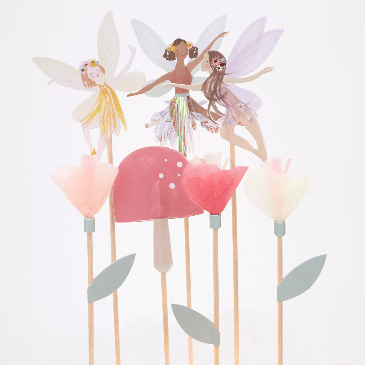 Whimsical fairy cake toppers with gold accents