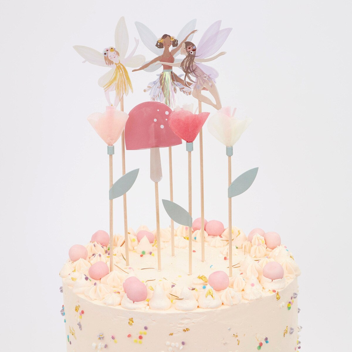Garden party cake toppers with fairy designs