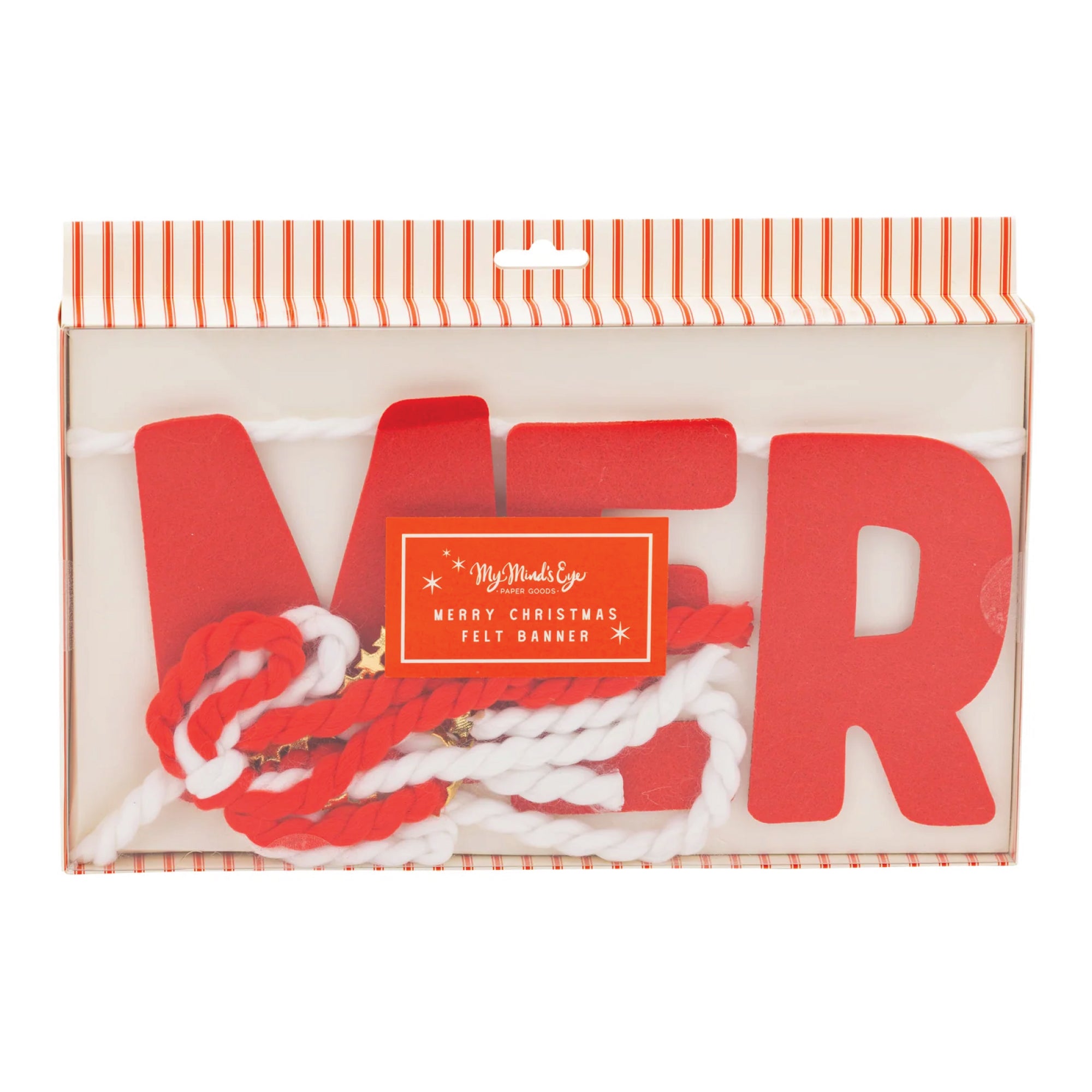 Red felt letters spelling 'Merry Christmas' with a white ribbon in a packaged box