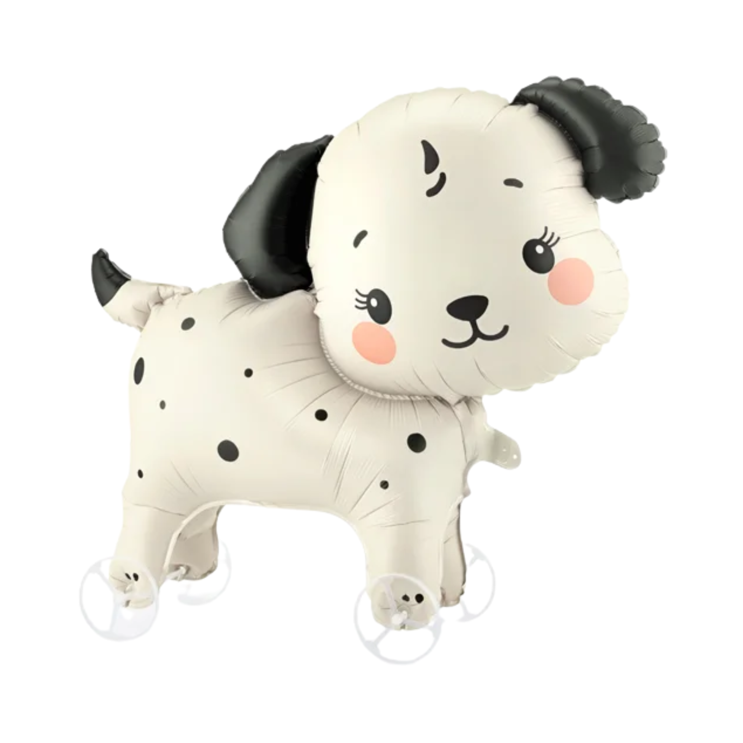 Puppy foil balloon with black ears and spots on attachable wheels