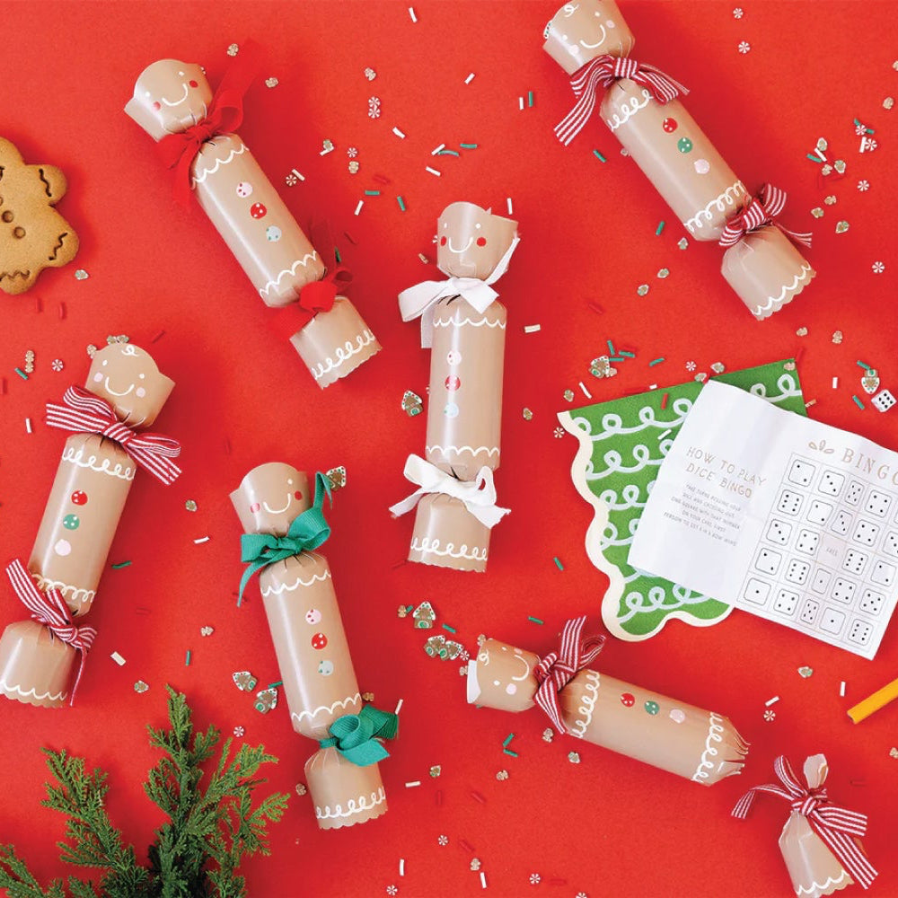 Decorative gingerbread crackers and the crack prizes on a red background