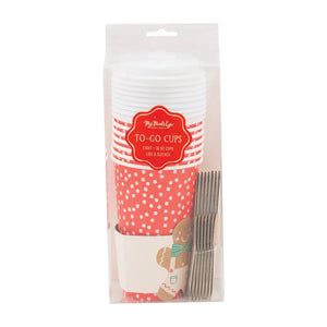 Pack of 8 to-go cups with red polka dots and gingerbread man sleeves and white plastic lids
