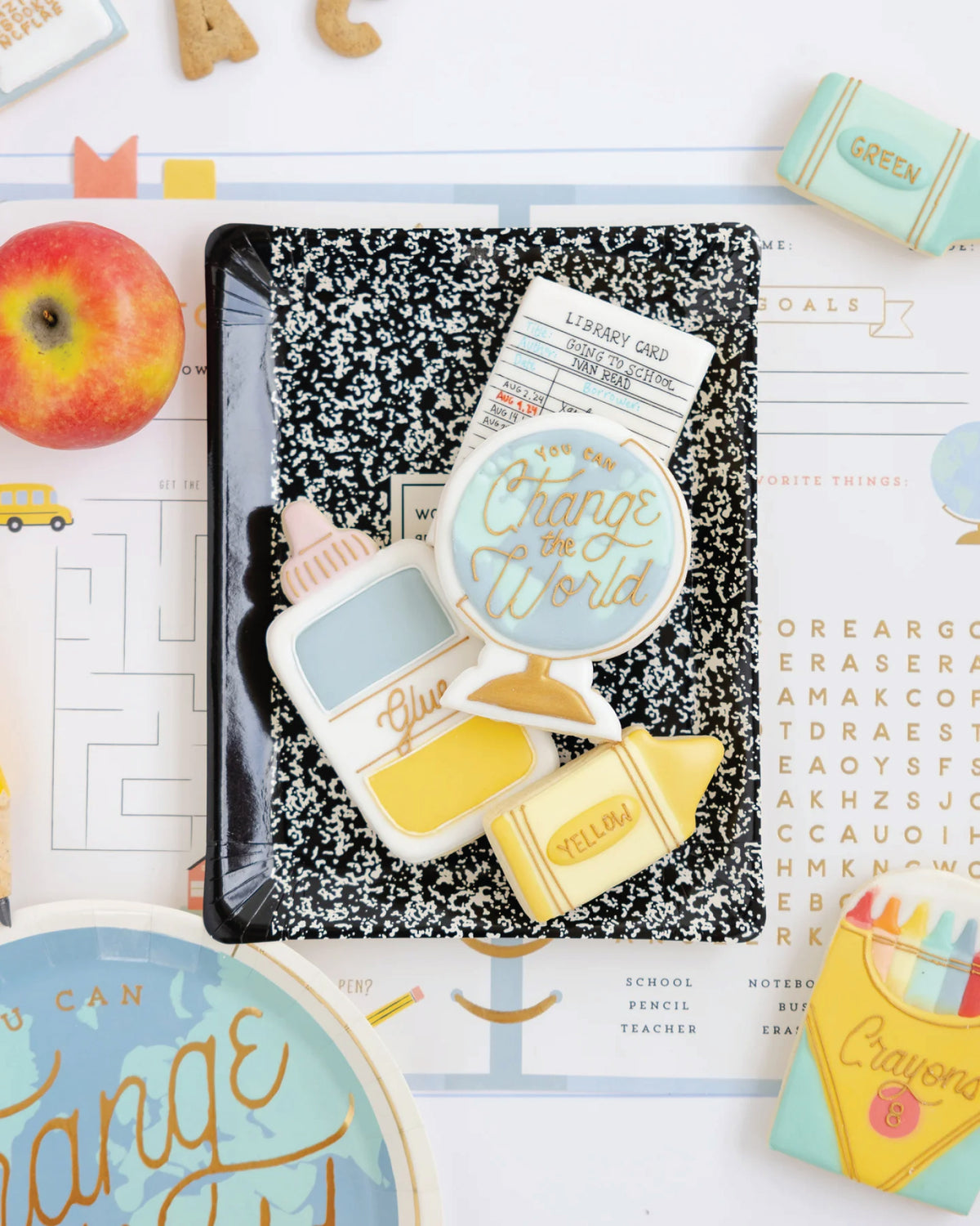 Composition Notebook Plates with Back to School Cookies