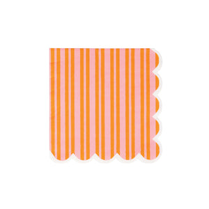 Orange and pink striped paper dessert napkins with scalloped edge
