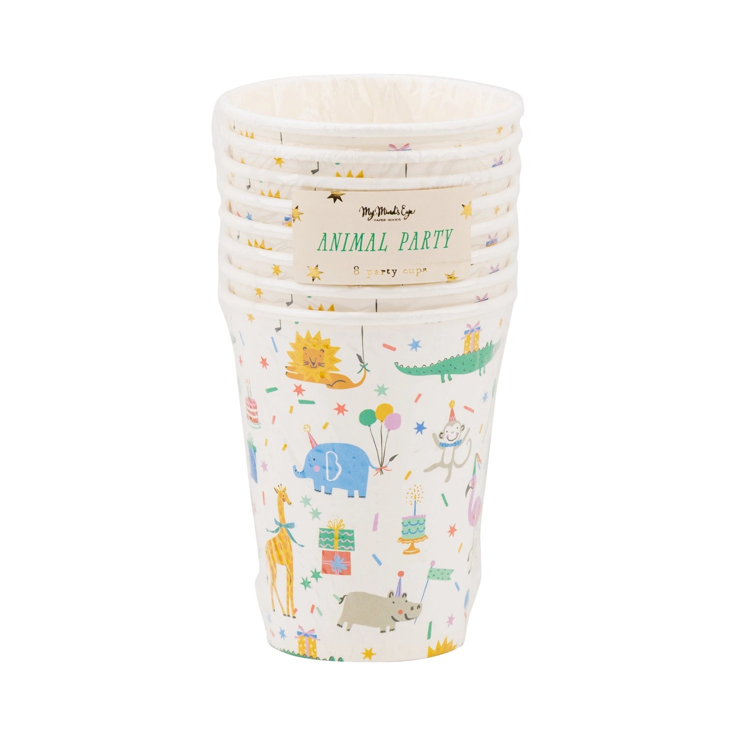 Animal-themed birthday cups with elephants, lions, and giraffes