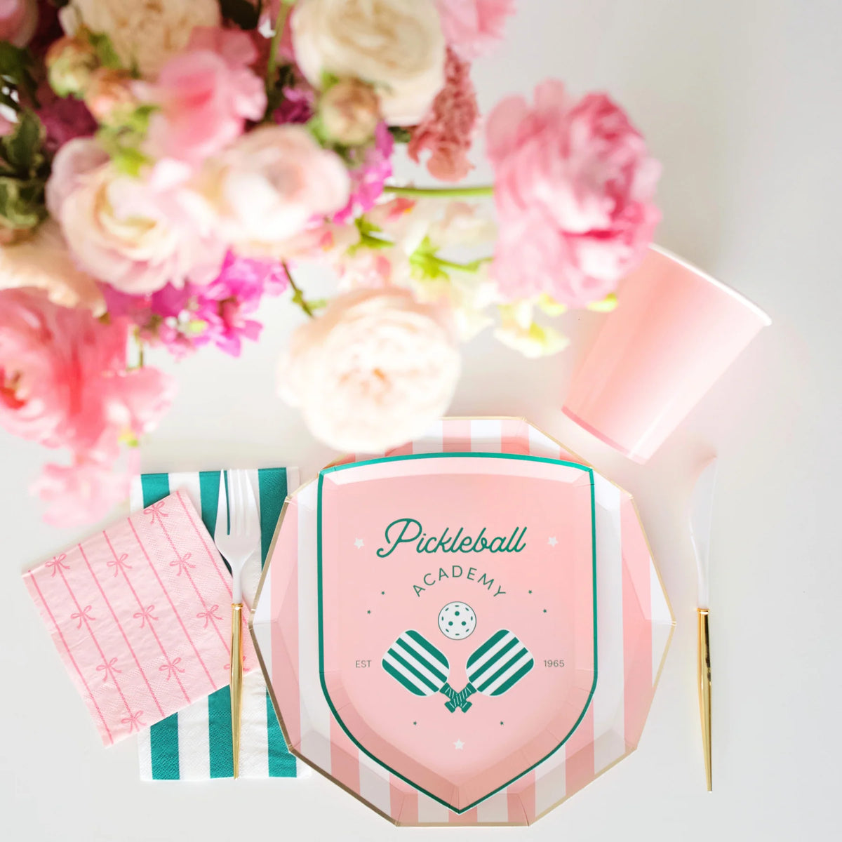 Pink & Green Pickleball place setting by Bonjour Fete