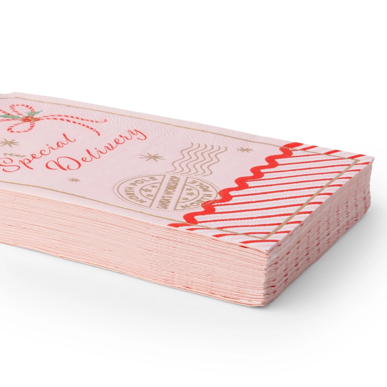 Pink paper guest towel with red candy cane stripes and gold foil
