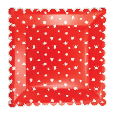 Red & White Stars Scalloped Square Lunch Plates 8ct