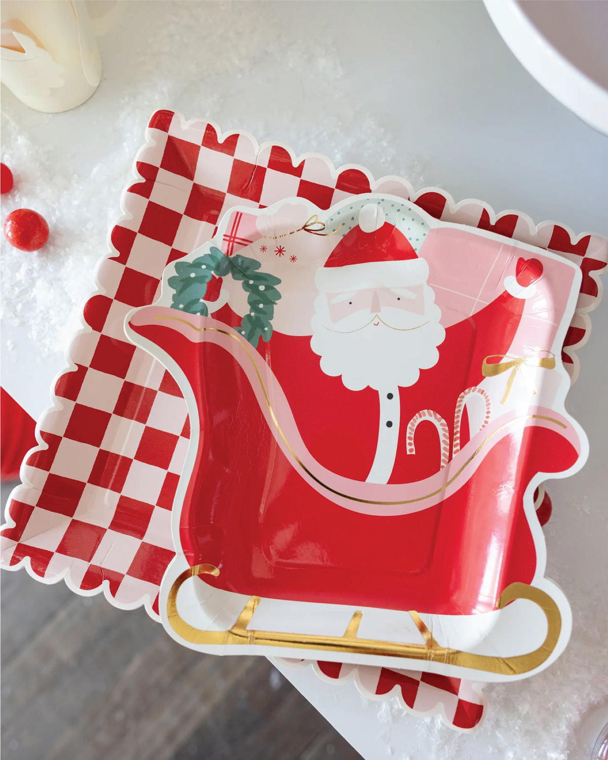 Pink & Red Checkered Square Lunch Plate with a Santa Sleigh Plate | The Party Darling