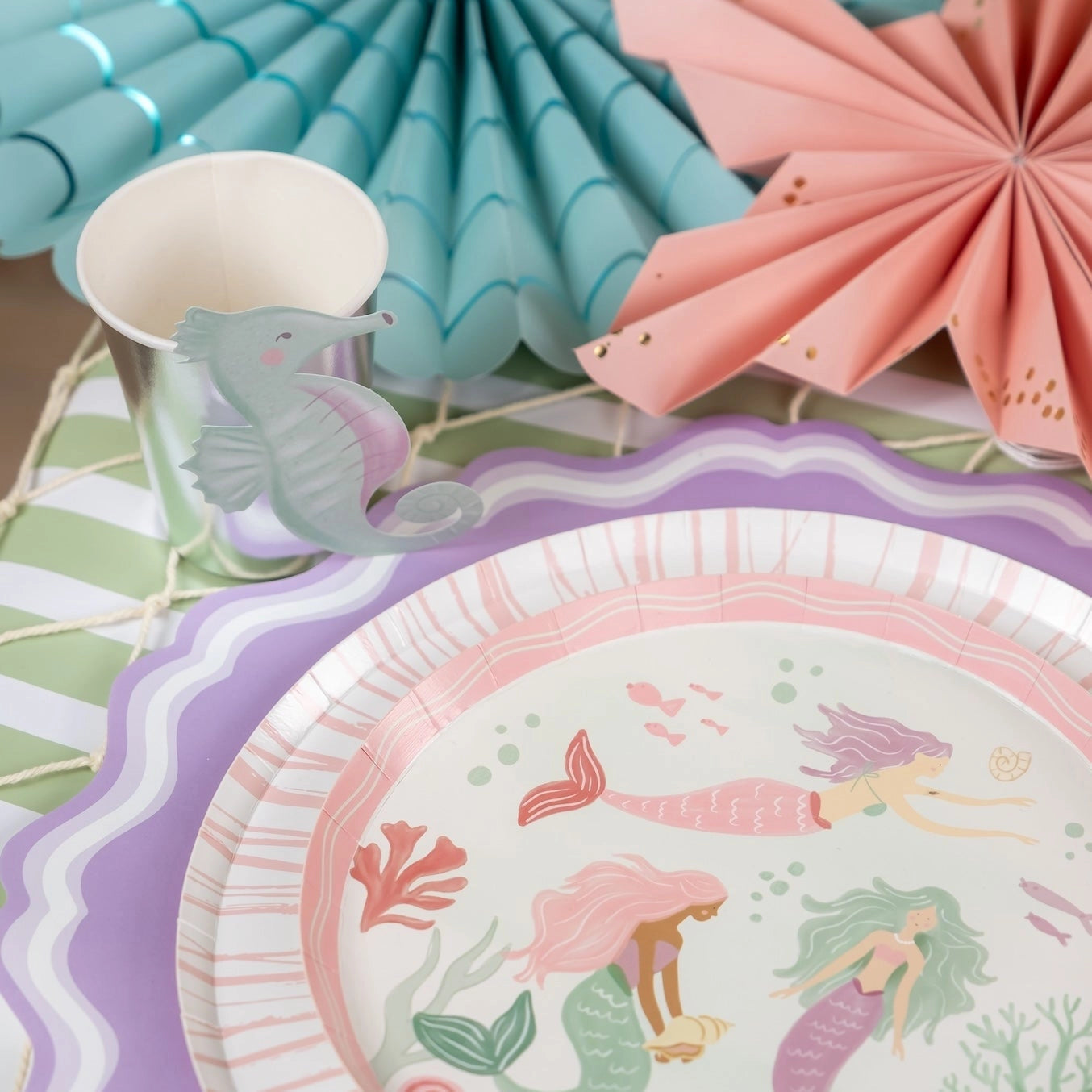 Mermaid party dessert plate with pink rim