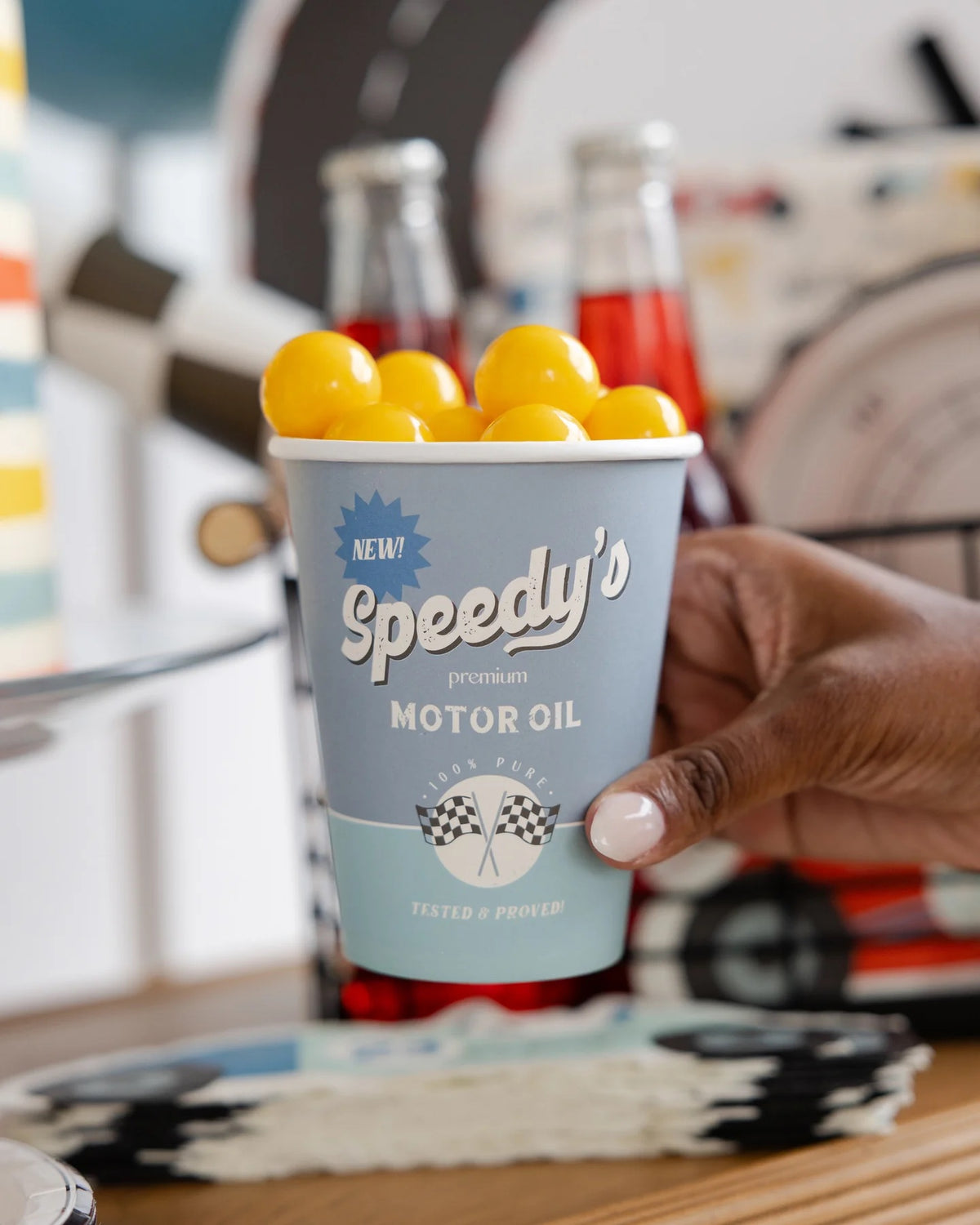 Speedy's Motor Oil Paper Cup filled with Snacks | The Party Darling