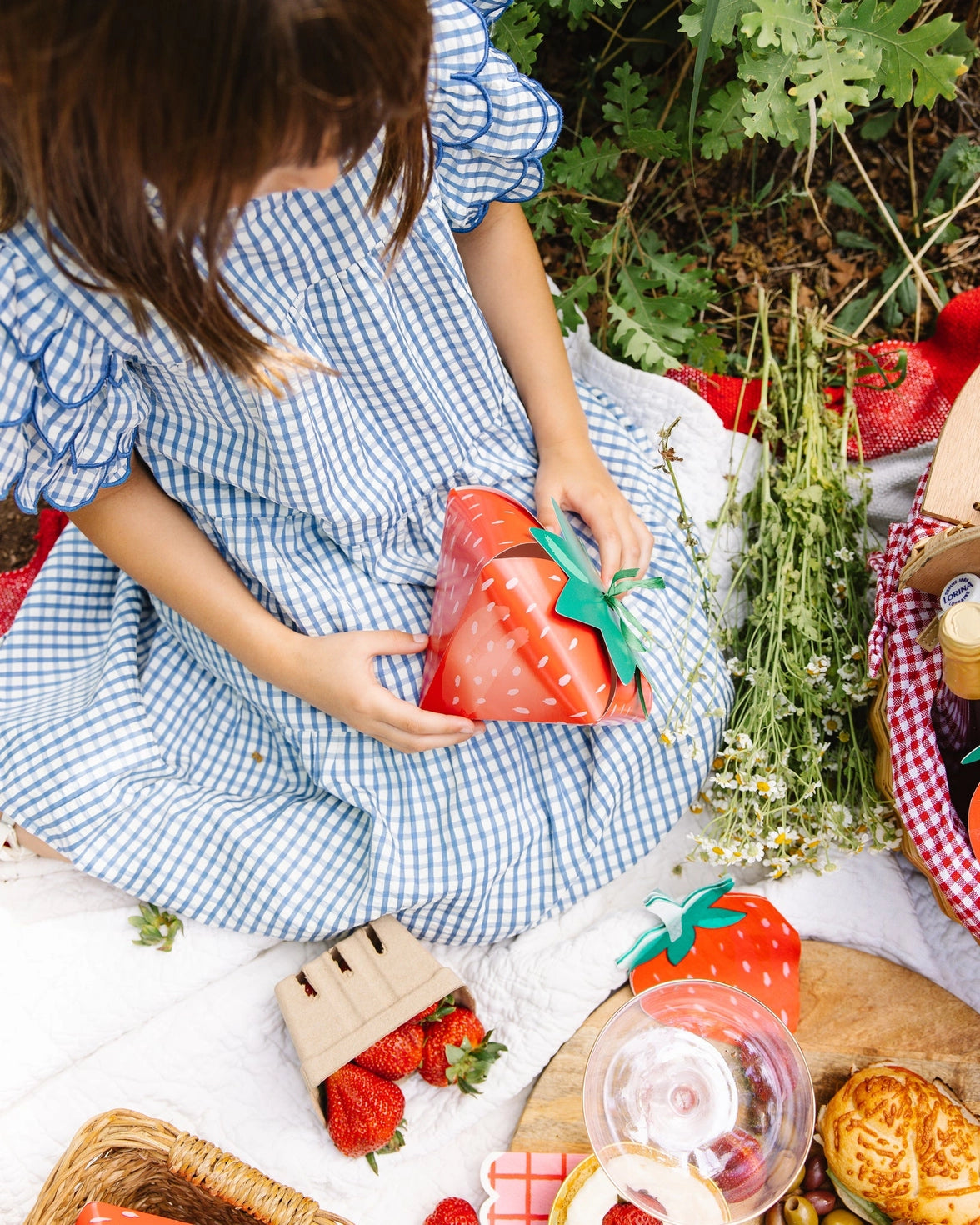 Person in a blue checkered dress sitting on a picnic blanket with a strawberry party favor box