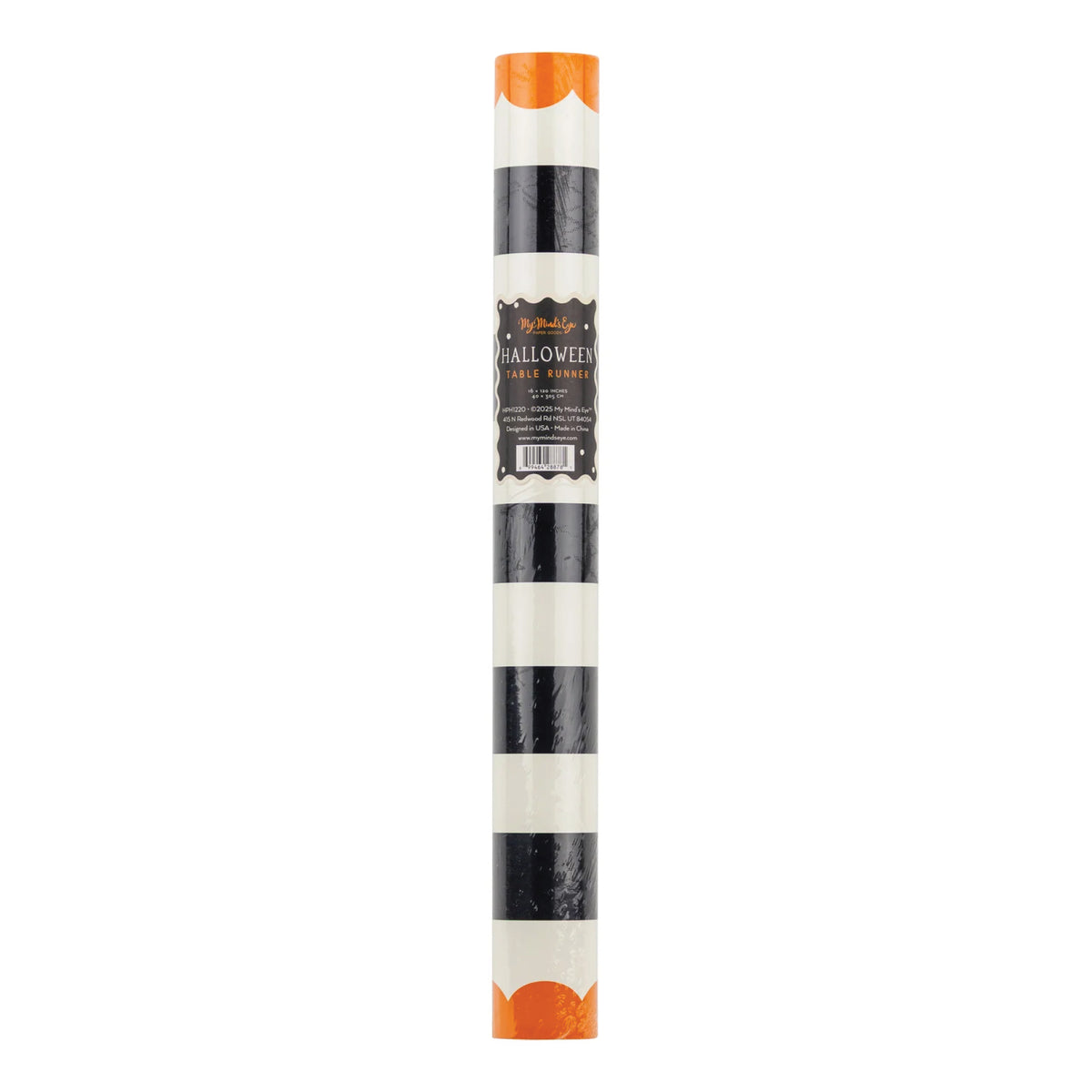 Paper table runner roll of black and white stripeds with orange ends